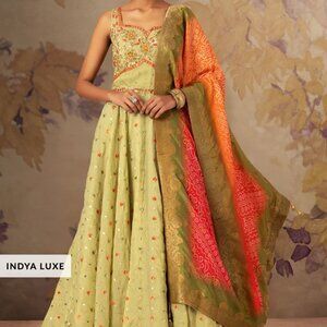 INDYA LUXE Lime Green Floral Embroidered Anarkali Gown With Printed Dupatta